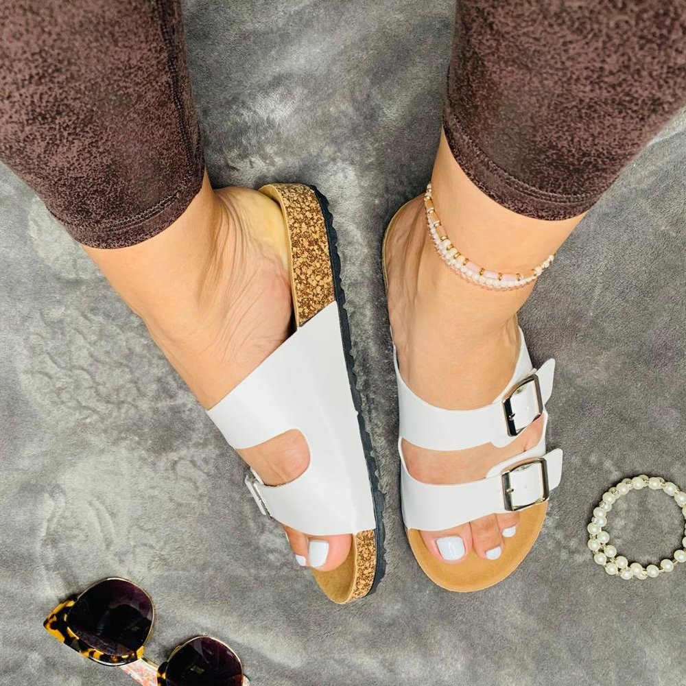 Women's White SlideBuckle T-Strap Platform Sandals - Picture 3 of 15